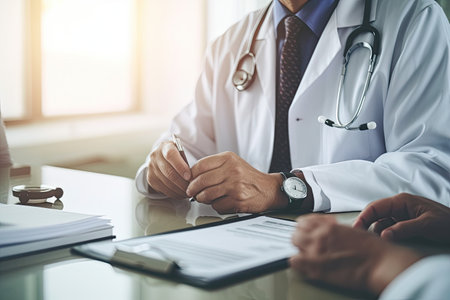 Doctor and patient discussing something while sitting at the table. Medicine and health care concept.の素材