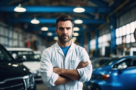 Confident mature male auto mechanic standing with arms crossed in auto repair shopの素材