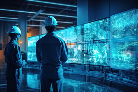 Double exposure of engineer and architect working with futuristic digital interface as conceptの素材