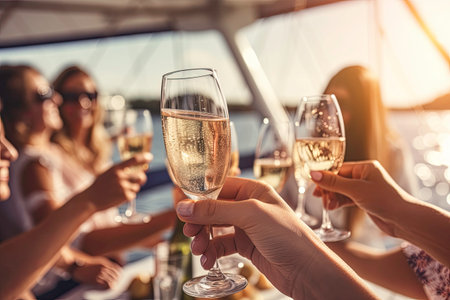 Group of friends toasting with champagne on yacht, close-upの素材