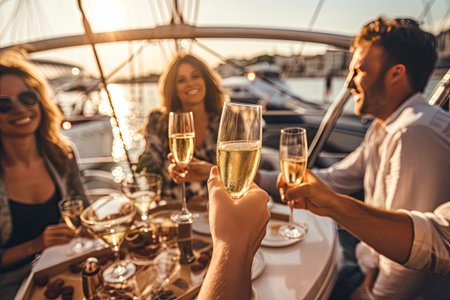 Group of friends are clinking glasses of champagne and smiling while sitting at the table on yachtの素材