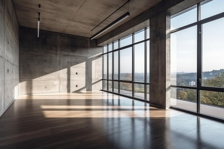 Modern interior with panoramic window and city view. 3D Renderingの素材