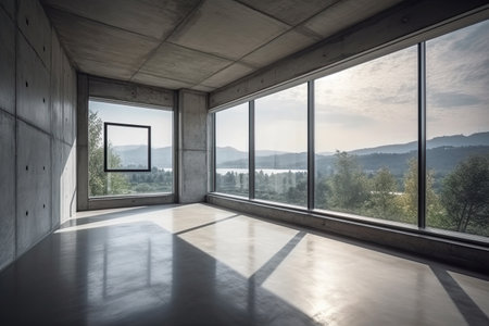 Interior of modern house, empty room with big window and lake viewの素材