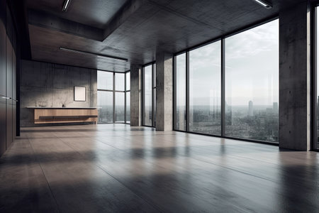 Modern office interior with city view and daylight. 3D Renderingの素材