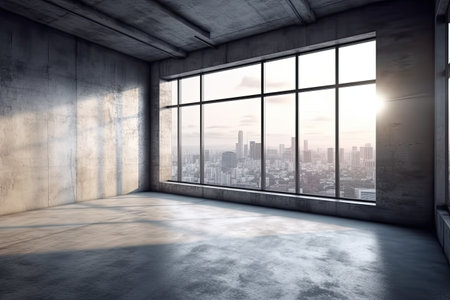 Empty room with city view and sunlight. 3D Rendering.の素材