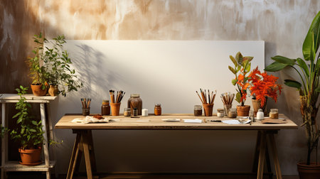 Interior of modern artist workplace with brushes and paints on table.の素材