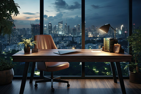Wooden table and chair in modern office with city view at nightの素材
