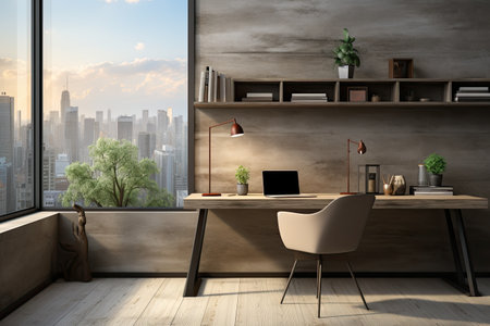 Wooden office room interior with panoramic city view. Workplace concept. 3D Renderingの素材