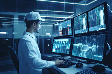 Side view of young man in white medical uniform using computer monitors in officeの素材
