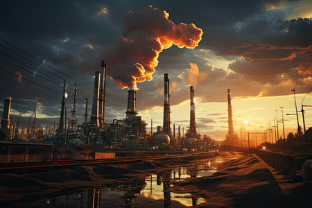 Oil and gas refinery at sunset. Oil and gas industry concept.の素材