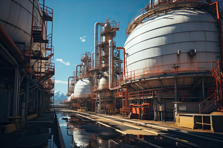 Refinery industrial plant with blue sky and reflection in water. 3d renderingの素材