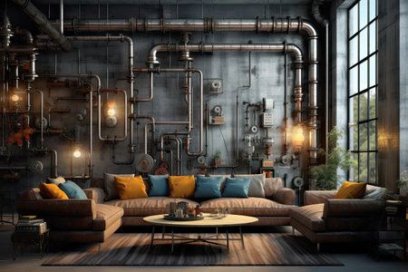 Interior design of modern loft living room with brown sofa, coffee table and copper pipes. 3D renderingの素材