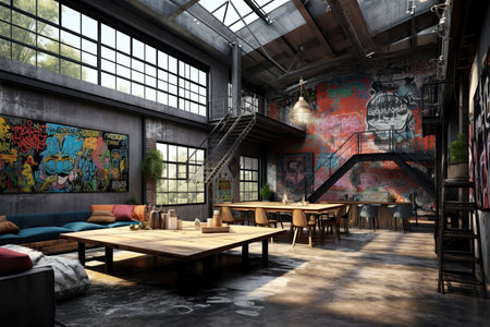 3D rendering of a loft cafe interior design with a wooden floorの素材