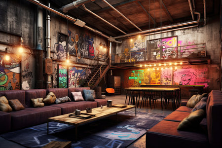 Interior of a loft cafe with sofas and coffee tablesの素材