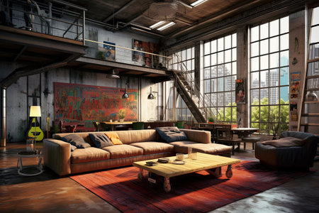 Interior of loft living room. 3D render. Vintage style.の素材