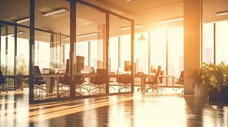 Modern office interior with city view and daylight. 3D Renderingの素材