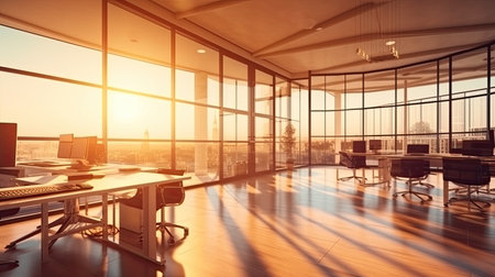 Photo pour Luxury open space office with panoramic window and city view. 3D Rendering - image libre de droit