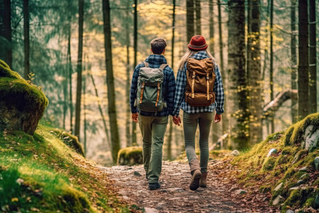 Back view of a young couple with backpacks walking through the forestの素材