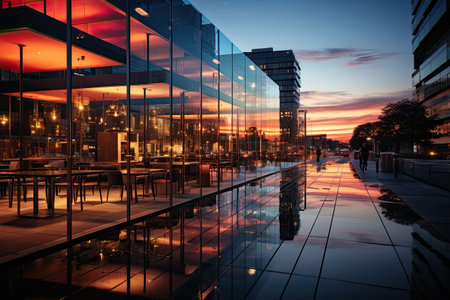 Modern office building with glass facade at dusk. Business and financial concept.の素材