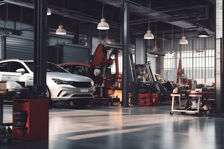 Car repair service. Auto mechanic repairing car in auto repair shopの素材