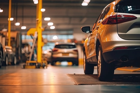 Car repair service. Auto mechanic repairing car in auto repair shopの素材
