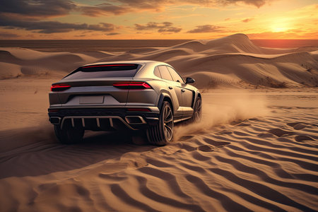 luxury car on sand dunesの素材