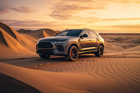luxury car on sand dunesの素材