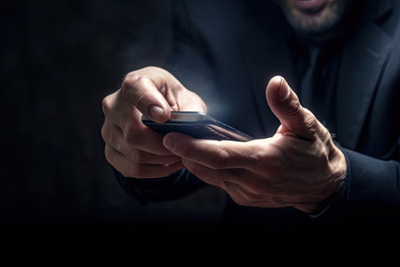 Close up of a businessman using a mobile phone on dark backgroundの素材