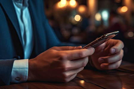 Close-up of a man using a mobile phone in a cafeの素材