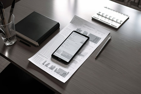 Smartphone and Tablet pc with financial charts and graphs on office desk, business conceptの素材