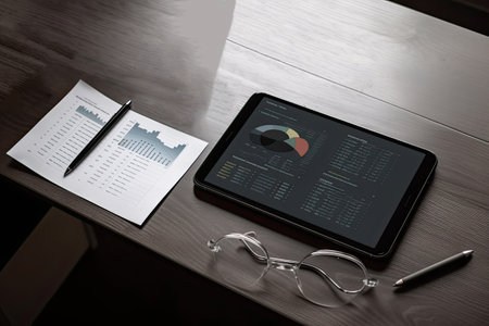 Smartphone and Tablet pc with financial charts and graphs on office desk, business conceptの素材