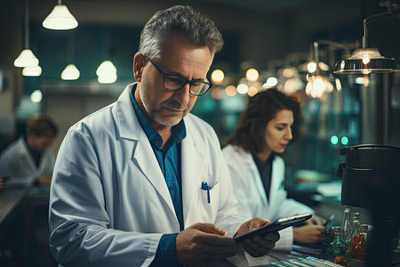 Serious mature male scientist in white lab coat and eyeglasses using digital tablet while sitting at table in modern laboratoryの素材
