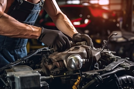 Auto mechanic working in auto repair shop. Car service and maintenance concept.の素材