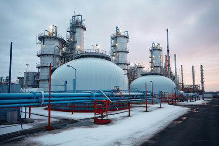 Petrochemical plant with blue sky and clouds at dusk in winterの素材