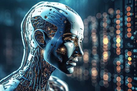 3d rendering of a female robot with circuit board in the backgroundの素材