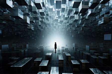 Businesswoman standing in a dark tunnel with glowing cubes 3D renderingの素材