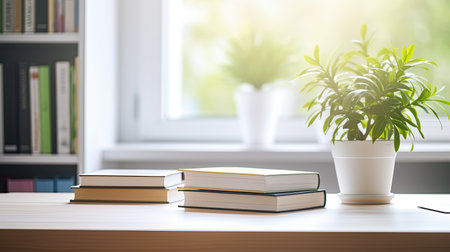 Books on a wooden table in the room with a green plant in a potの素材