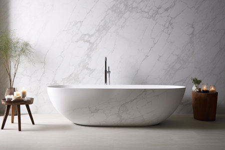 Modern bathroom interior with white bathtub and candles. 3d renderの素材