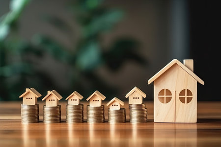 Miniature house model and coins stacks on wooden table. Real estate concept.の素材