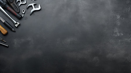 Working tools on black background. Top view with space for your textの素材