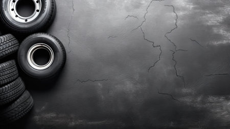 Car tires on black background. Top view with copy space for your textの素材