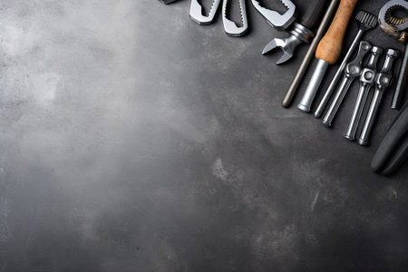 Set of tools on black stone table. Top view with copy spaceの素材