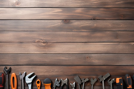Set of construction tools on wooden background. Banner with space for textの素材
