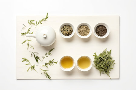 Herbal tea with herbs and teapot on white background, top viewの素材
