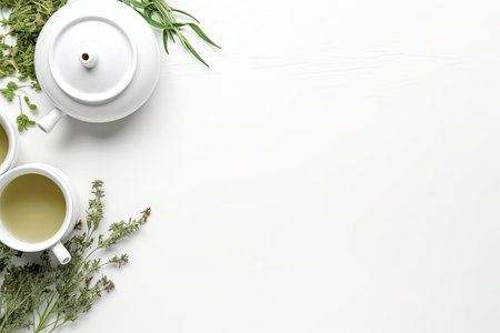 Herbal tea with thyme and rosemary on a white background.の素材