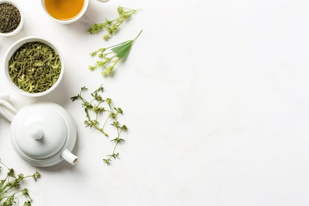 Green tea with dry herbs and teapot on white background, top viewの素材