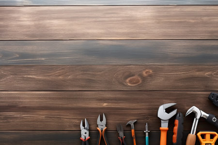 Variety of tools on wooden table. Top view with copy spaceの素材