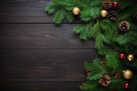Christmas fir tree branches on wooden background. Top view with copy spaceの素材