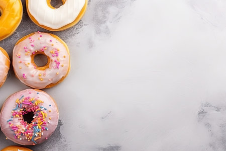 Colorful donuts on grey background. Top view with copy spaceの素材