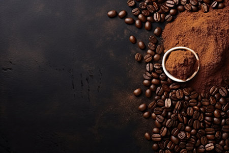 Coffee beans and ground coffee on black background. Top view with copy spaceの素材